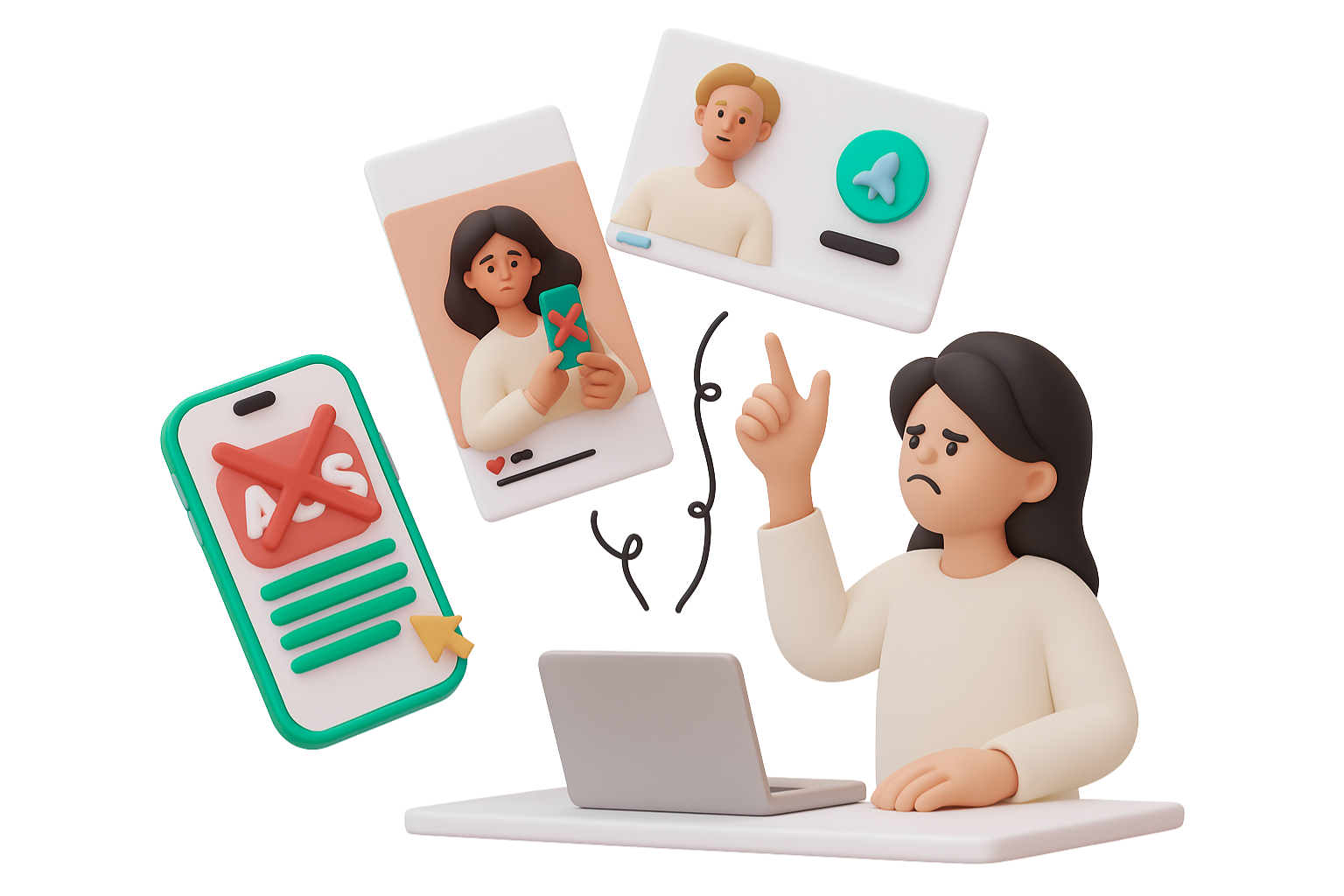 広告を鵜呑みにせず、SNSやレビューを比較検討しているユーザーの3Dイラスト